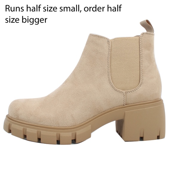 Light Wheat Faux Suede Chelsea Pull On Lug Ankle Boots - Picture 3 of 7